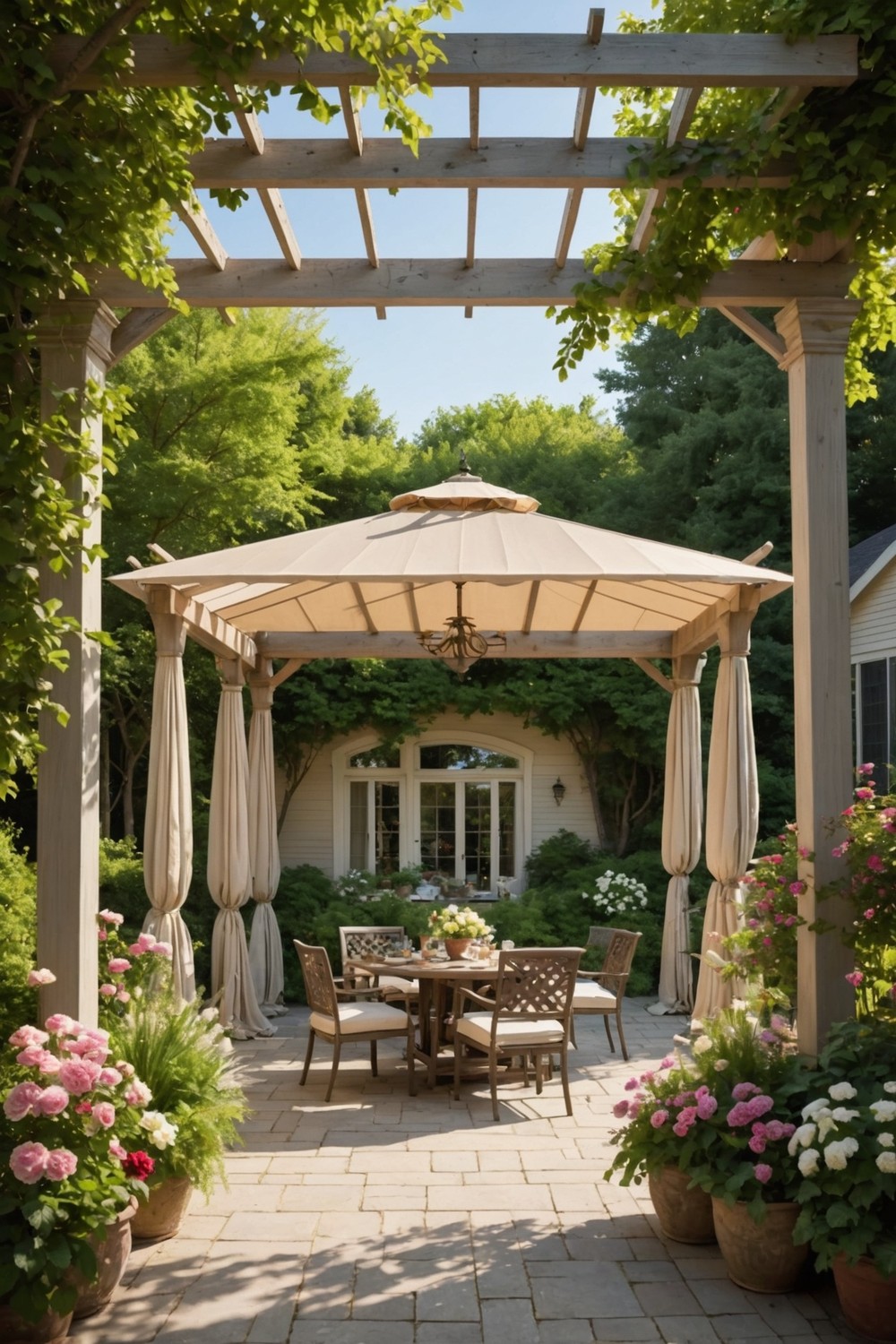 Classic Gabled Pergola with Fabric Shades