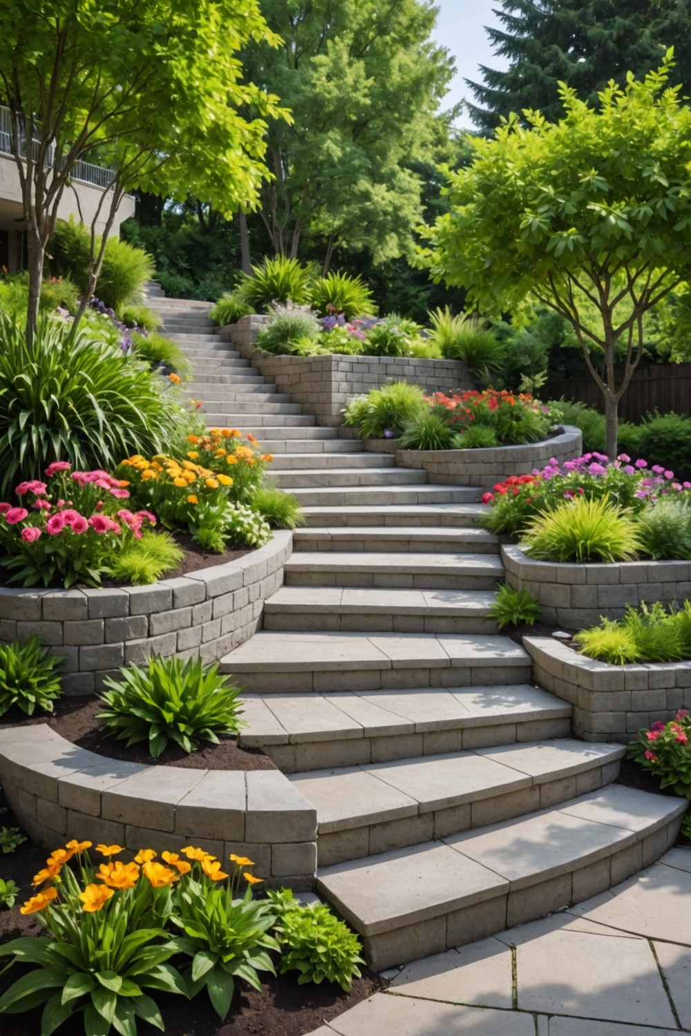 concrete_block_retaining_wall_with_staircase Concrete Block Retaining Wall with Staircase