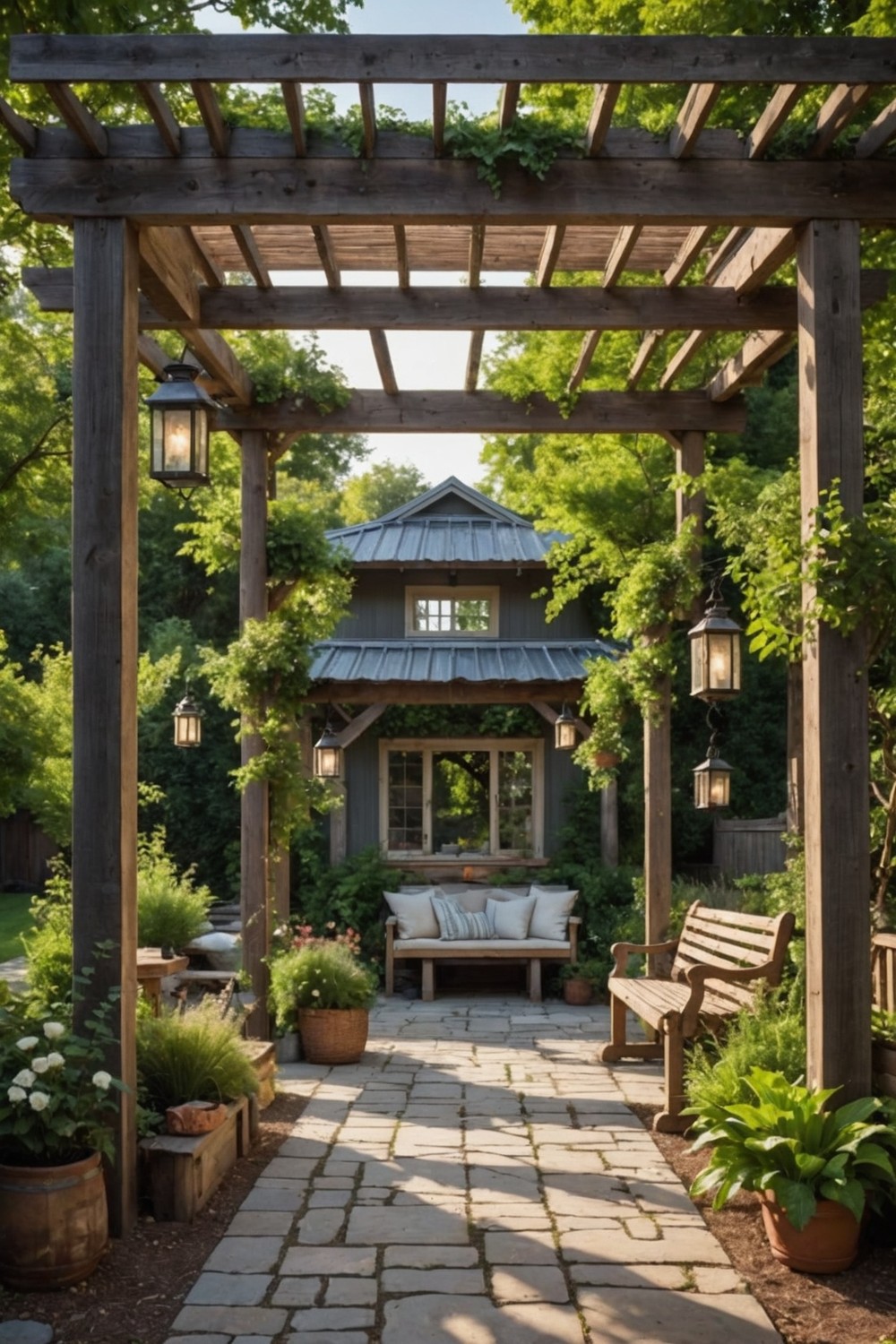 Country-Style Pergola with Corrugated Metal Roof