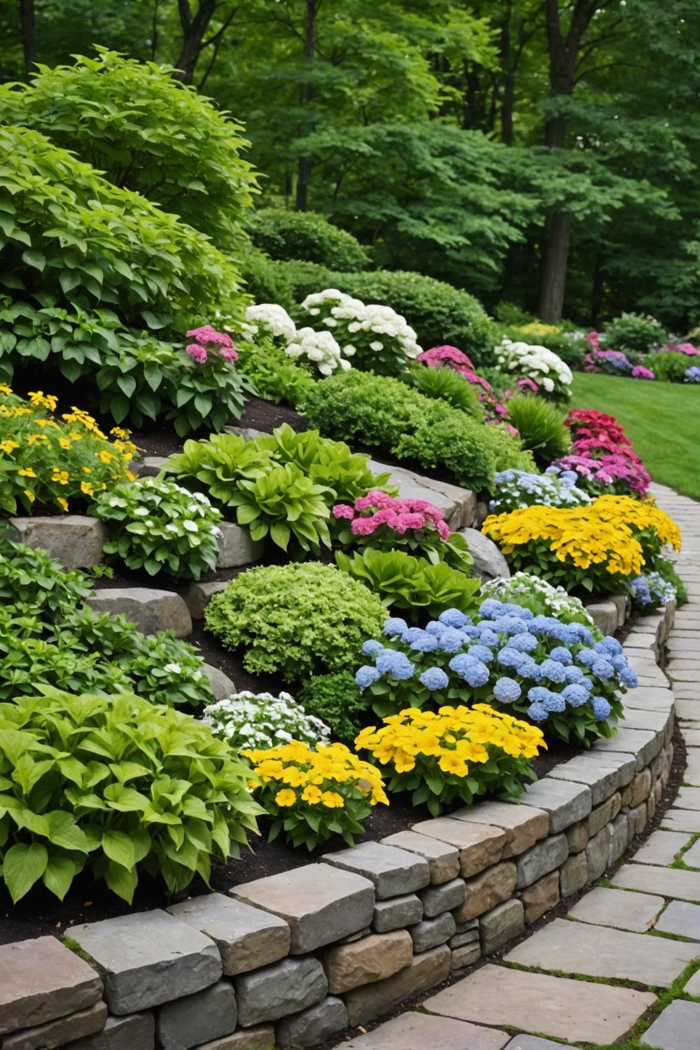 fieldstone_retaining_wall_with_flower_beds Fieldstone Retaining Wall with Flower Beds