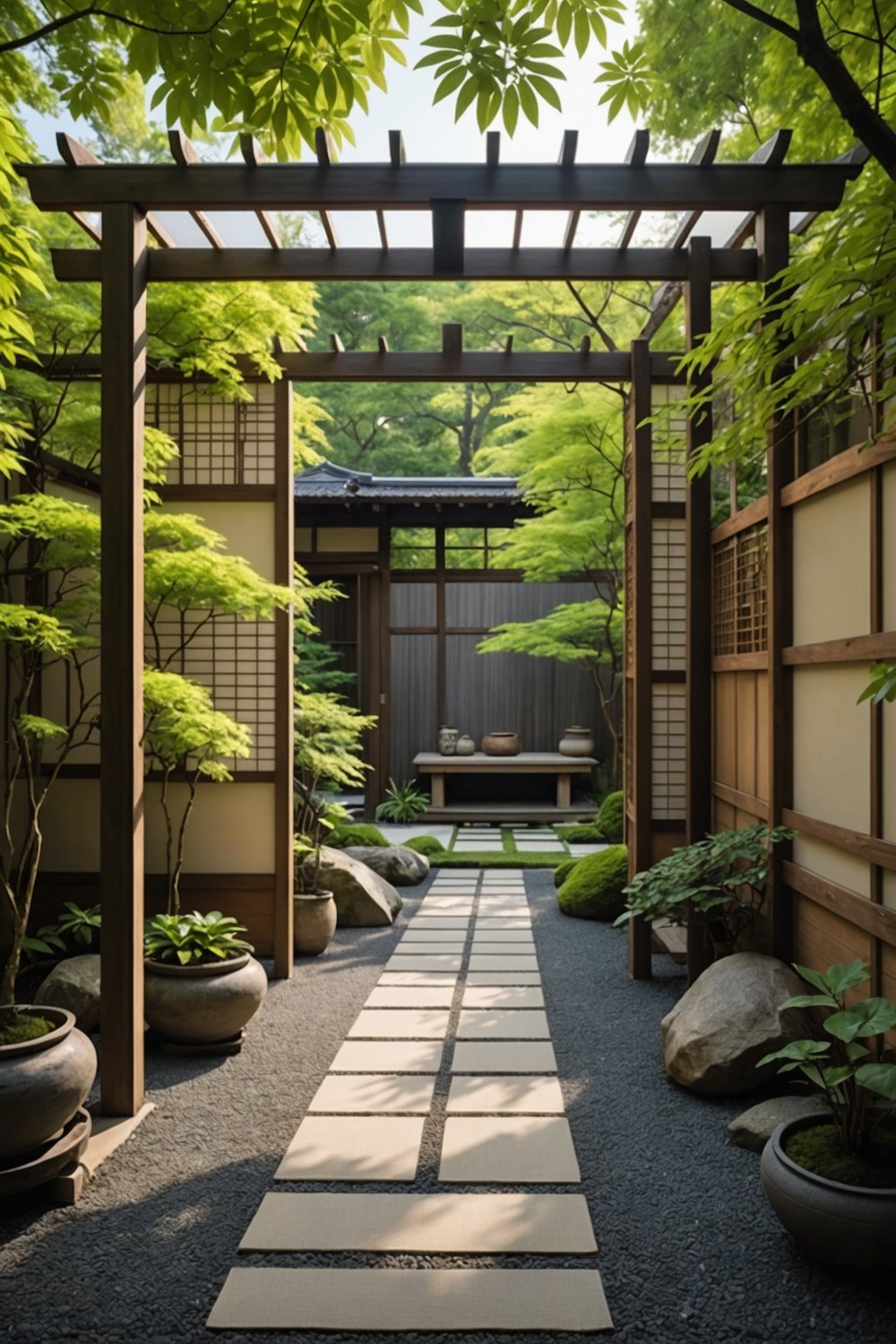 Japanese-Style Pergola with Shoji Screens