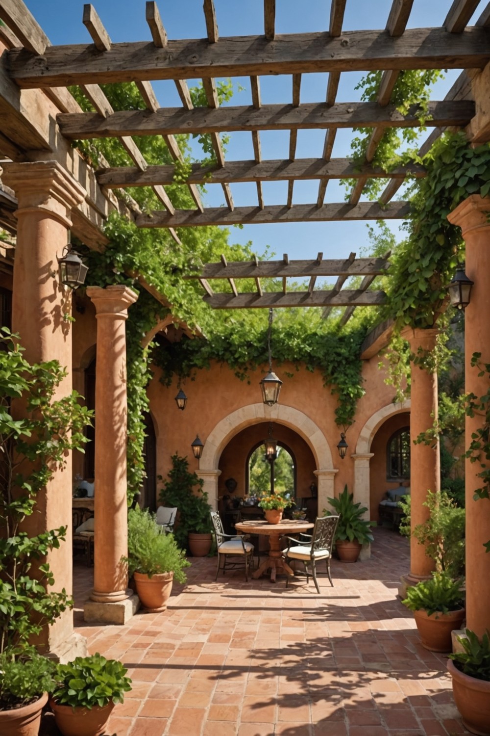 Mediterranean-Style Pergola with Terra Cotta Tiles