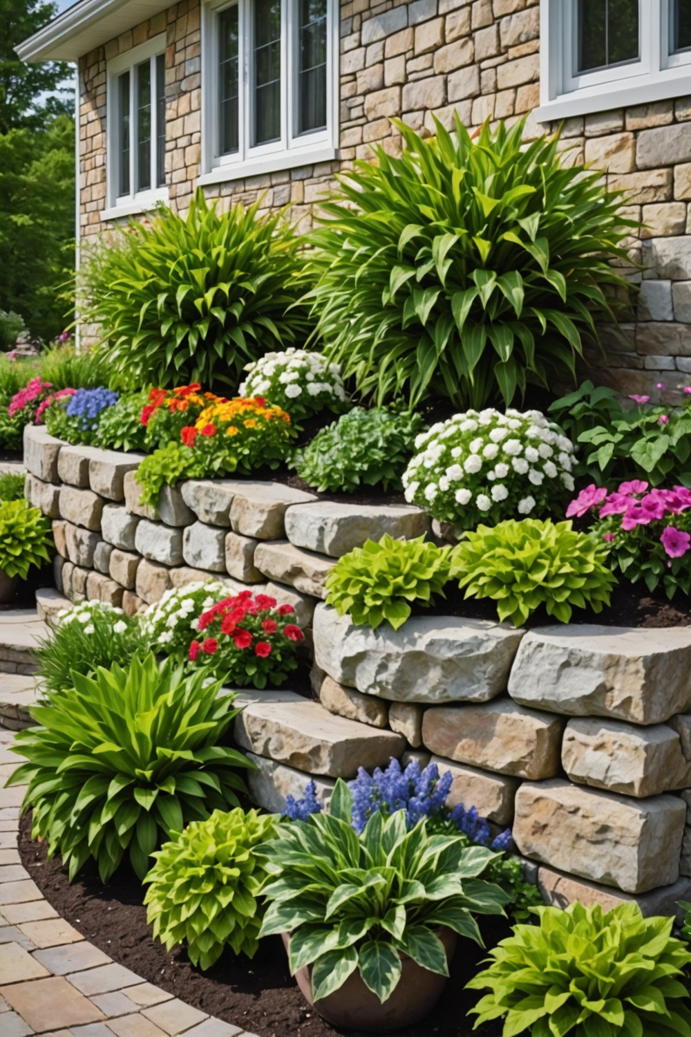 natural_stone_retaining_wall_with_tiered_planters Natural Stone Retaining Wall with Tiered Planters