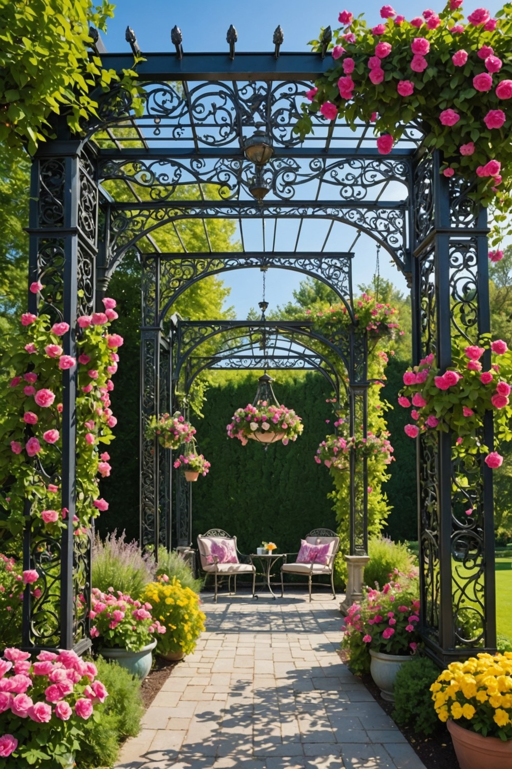 Ornate Metal Pergola with Hanging Baskets