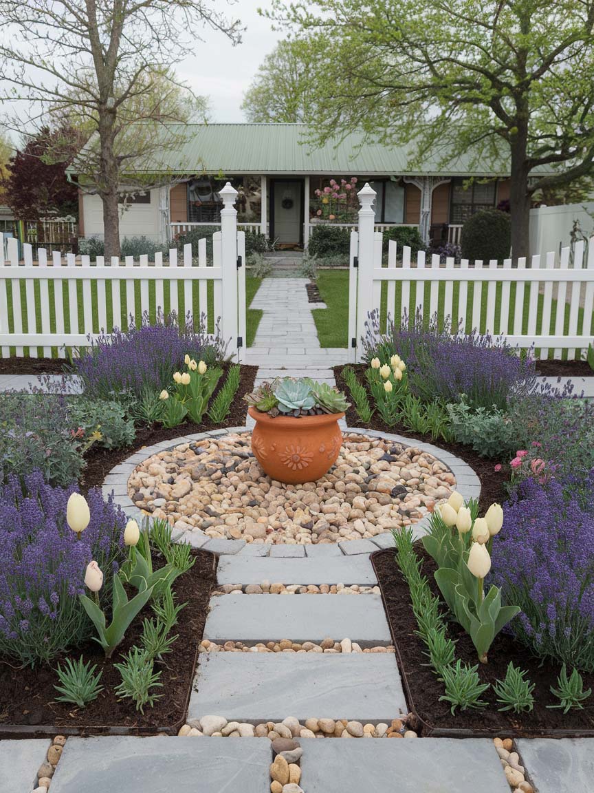 easy-front-garden-ideas-on-a-budget-1 1. Symmetry and Simplicity with a Cottage Vibe