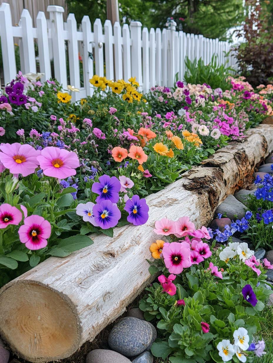 easy-front-garden-ideas-on-a-budget-10 10. Rustic Floral Bed with a Log Accent