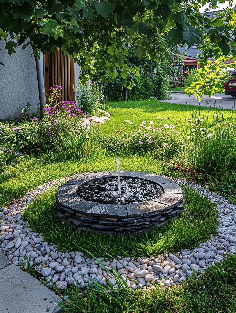 easy-front-garden-ideas-on-a-budget-11 11. Compact Fountain Oasis with Natural Charm