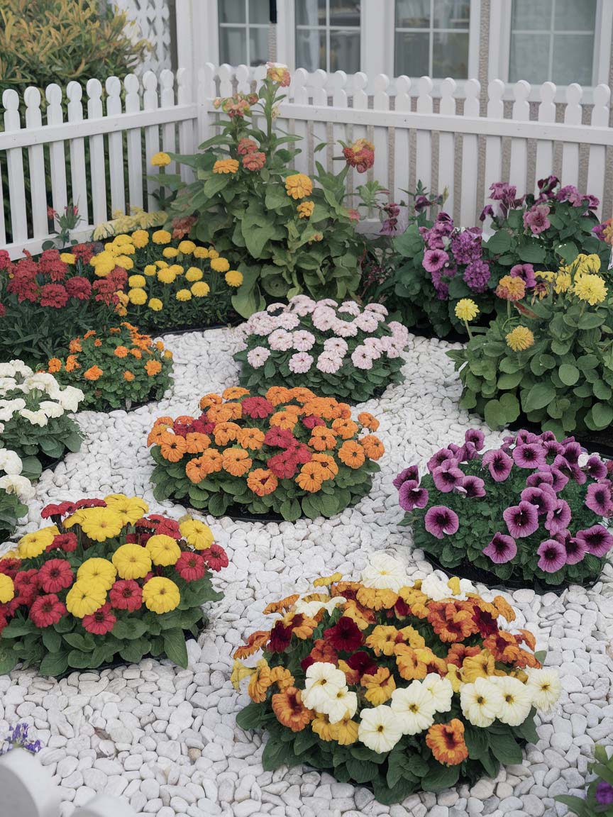 easy-front-garden-ideas-on-a-budget-13 13. Colorful Circular Flower Beds