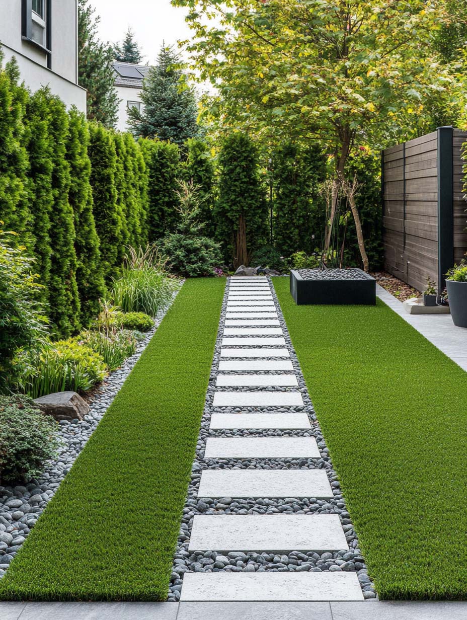 easy-front-garden-ideas-on-a-budget-14 14. Sleek Linear Pathway with Modern Symmetry