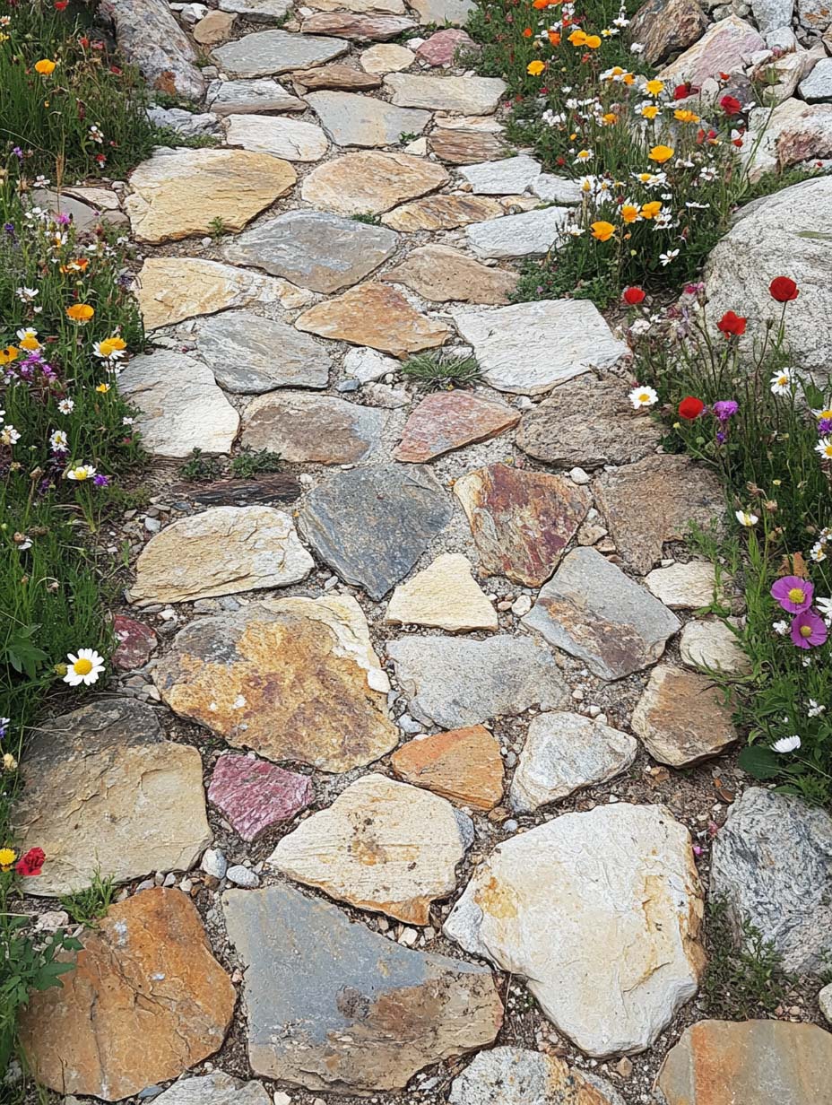 easy-front-garden-ideas-on-a-budget-15 15. Rustic Stone Path with Wildflower Accents