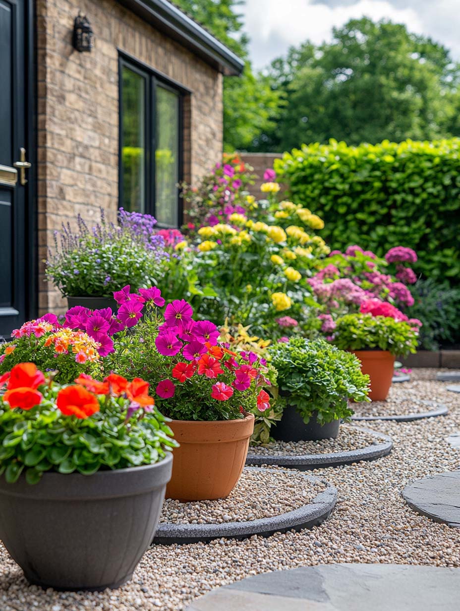 easy-front-garden-ideas-on-a-budget-16 16. Pot Garden on Gravel Pathway