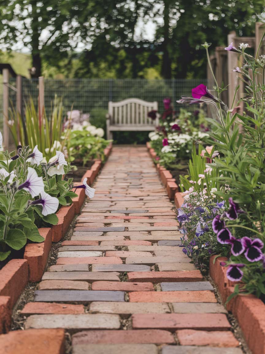 easy-front-garden-ideas-on-a-budget-19 19. Brick Walkway with Floral Edges