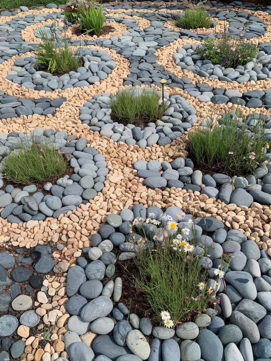 easy-front-garden-ideas-on-a-budget-2 2. Textured Pebble Patterns for Modern Landscaping
