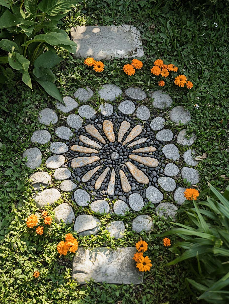 easy-front-garden-ideas-on-a-budget-20 20. Pebble Mosaic with Floral Highlights