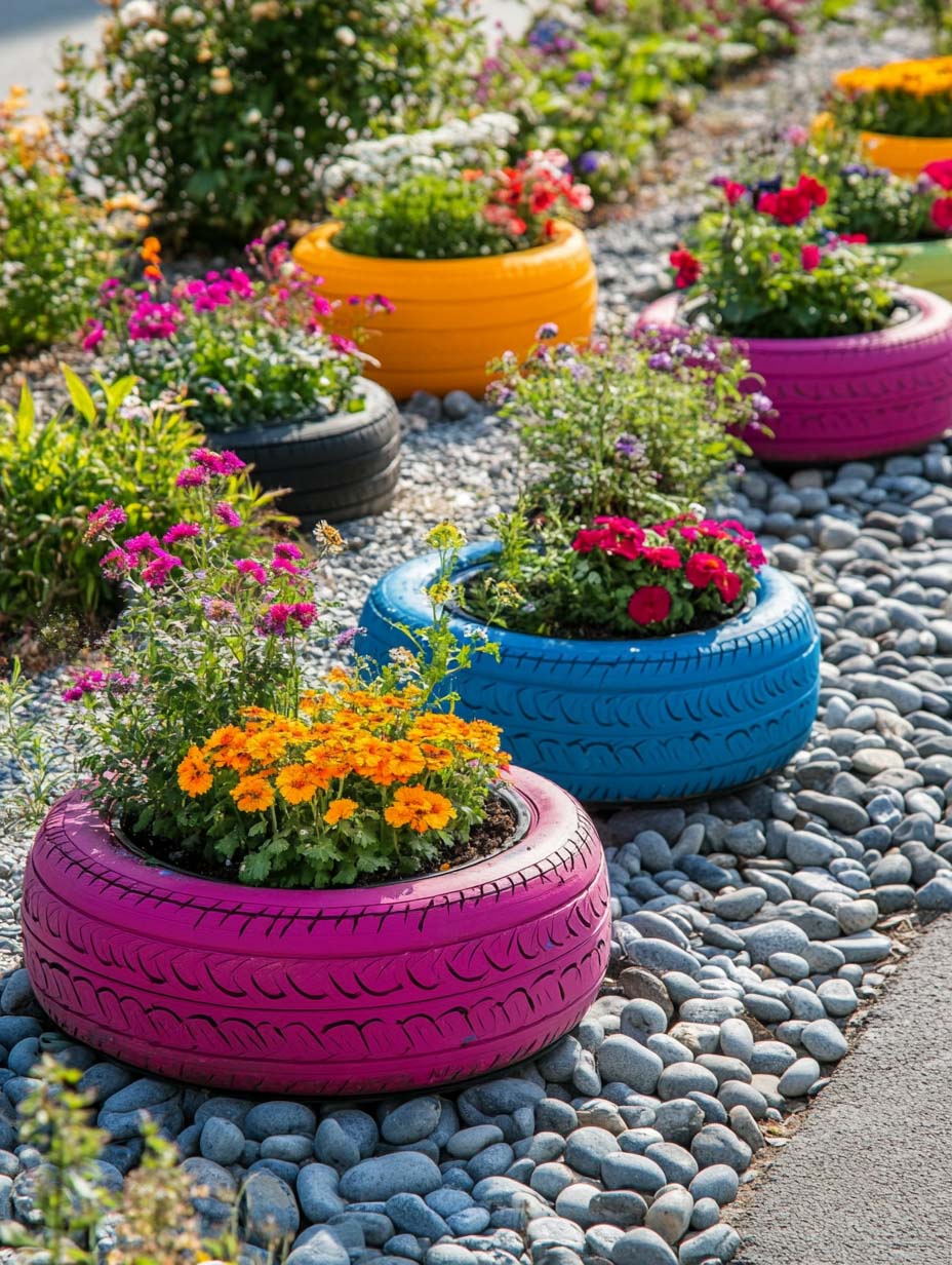 easy-front-garden-ideas-on-a-budget-21 21. Playful Tire Planters for a Pop of Color