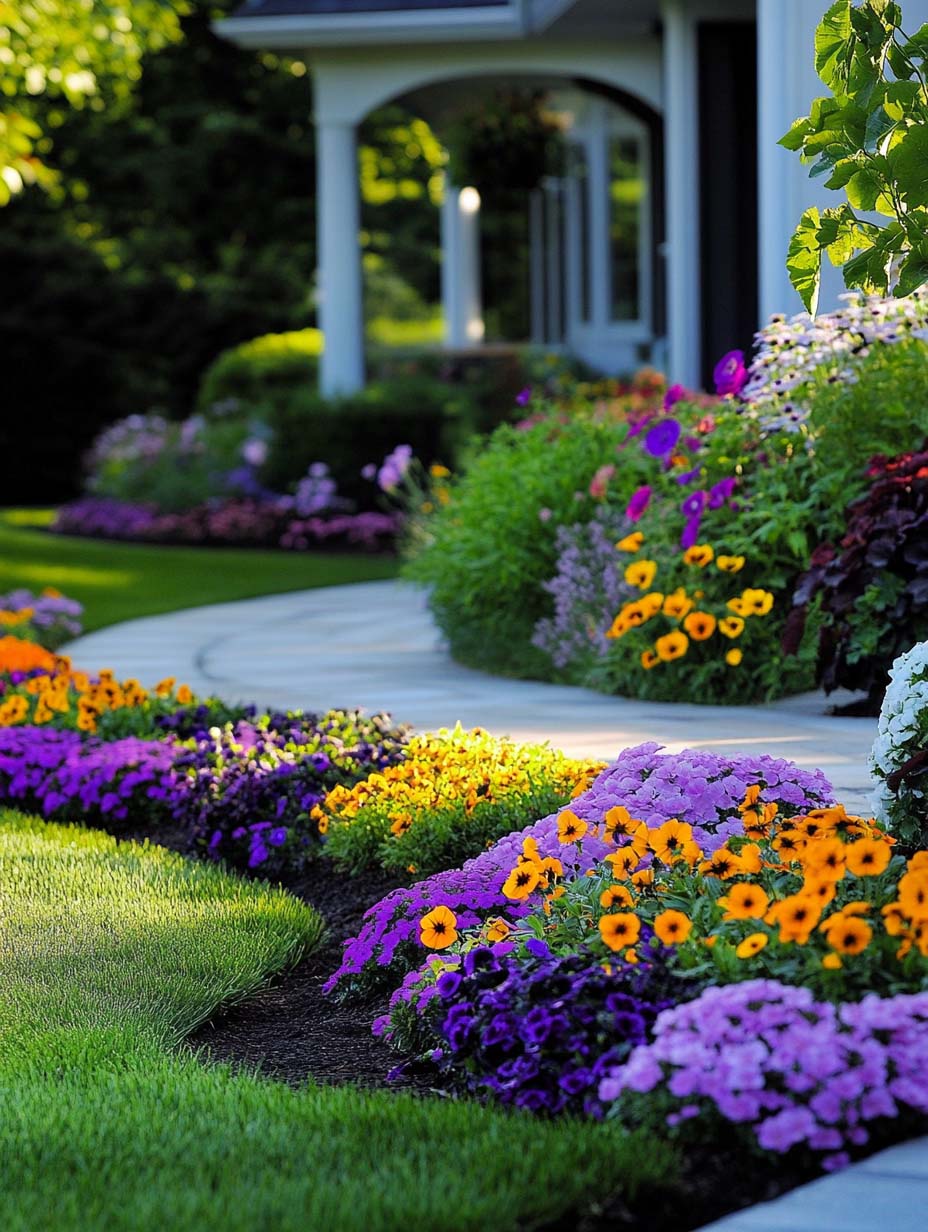 easy-front-garden-ideas-on-a-budget-22 22. Vibrant Floral Border Along a Curved Pathway