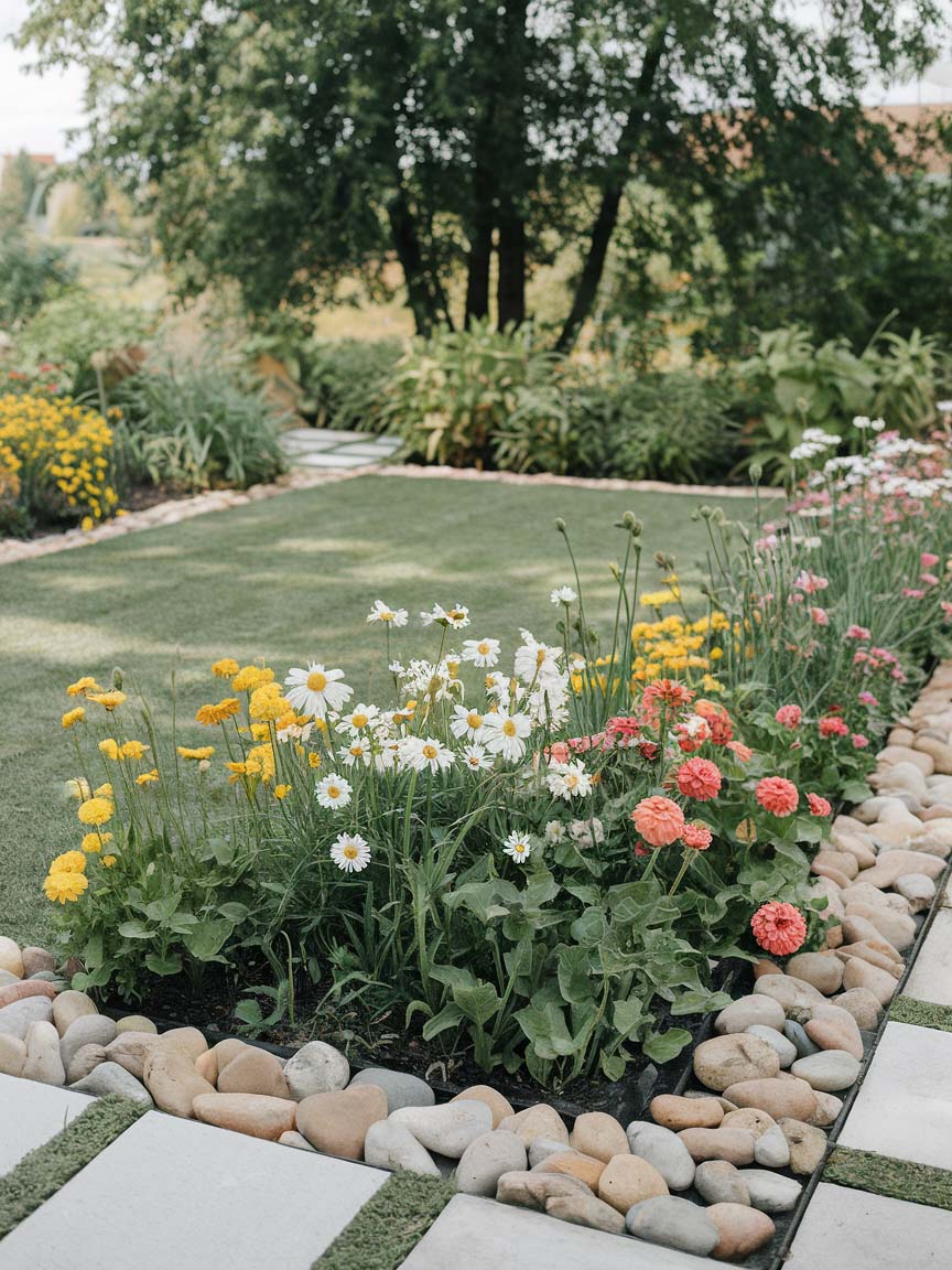 easy-front-garden-ideas-on-a-budget-23 23. Natural Flower Bed with Subtle Stone Edging