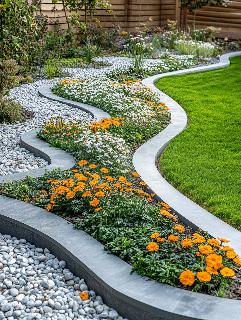 easy-front-garden-ideas-on-a-budget-24 24. Flowing Floral Patterns with Contemporary Borders