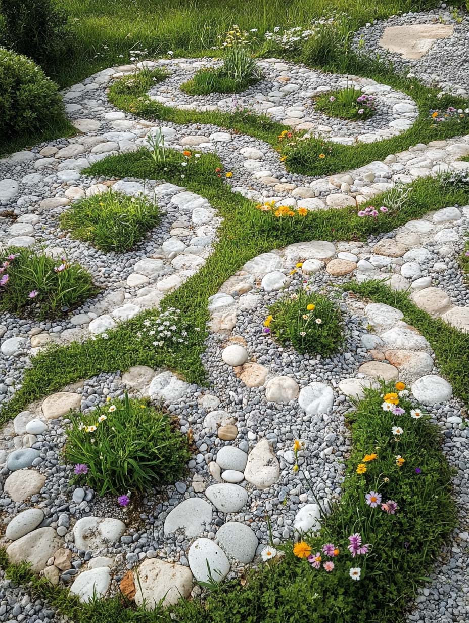 easy-front-garden-ideas-on-a-budget-26 26. Pebble Maze with Whimsical Greenery