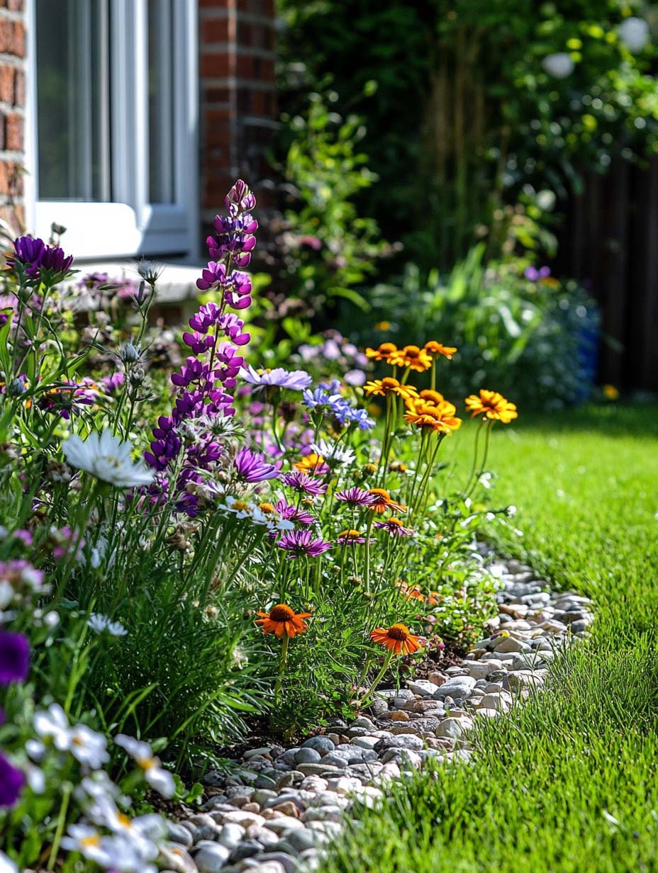 easy-front-garden-ideas-on-a-budget-27 27. Colorful Wildflowers Framed by Pebbles