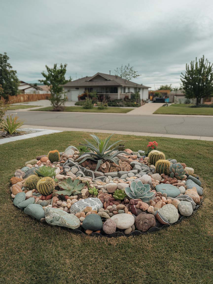 easy-front-garden-ideas-on-a-budget-28 28. Circular Rock Garden with Succulents