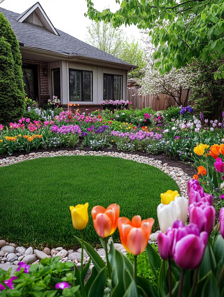 easy-front-garden-ideas-on-a-budget-29 29. Lush Tulip Garden Around a Green Lawn