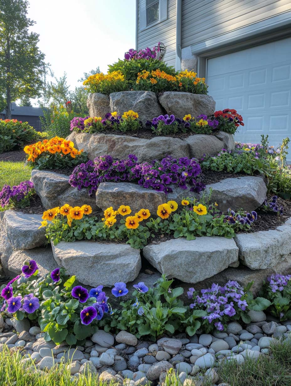 easy-front-garden-ideas-on-a-budget-3 3. Vibrant Tiered Rock Garden