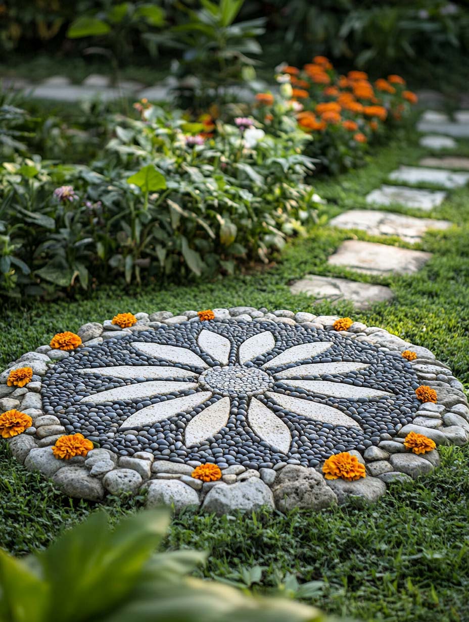 easy-front-garden-ideas-on-a-budget-30 30. Decorative Pebble Mandala with Floral Highlights