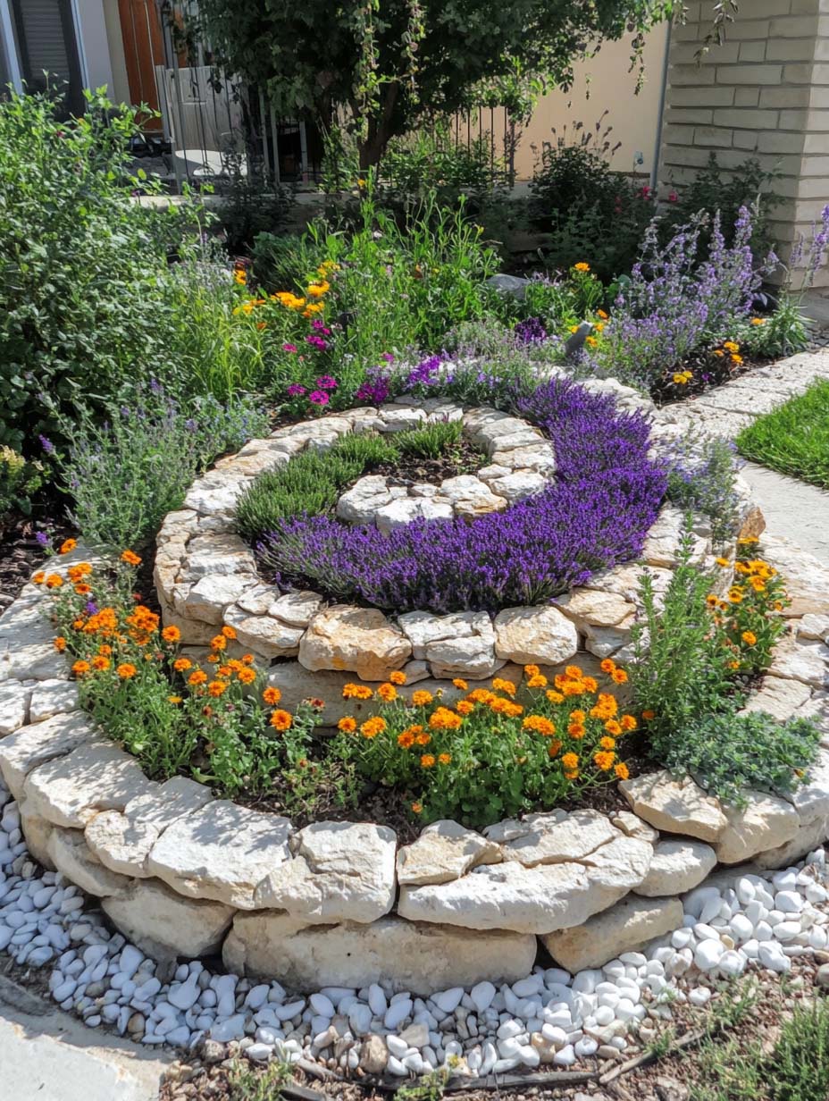 easy-front-garden-ideas-on-a-budget-5 5. Spiral Herb Garden with Vibrant Blooms