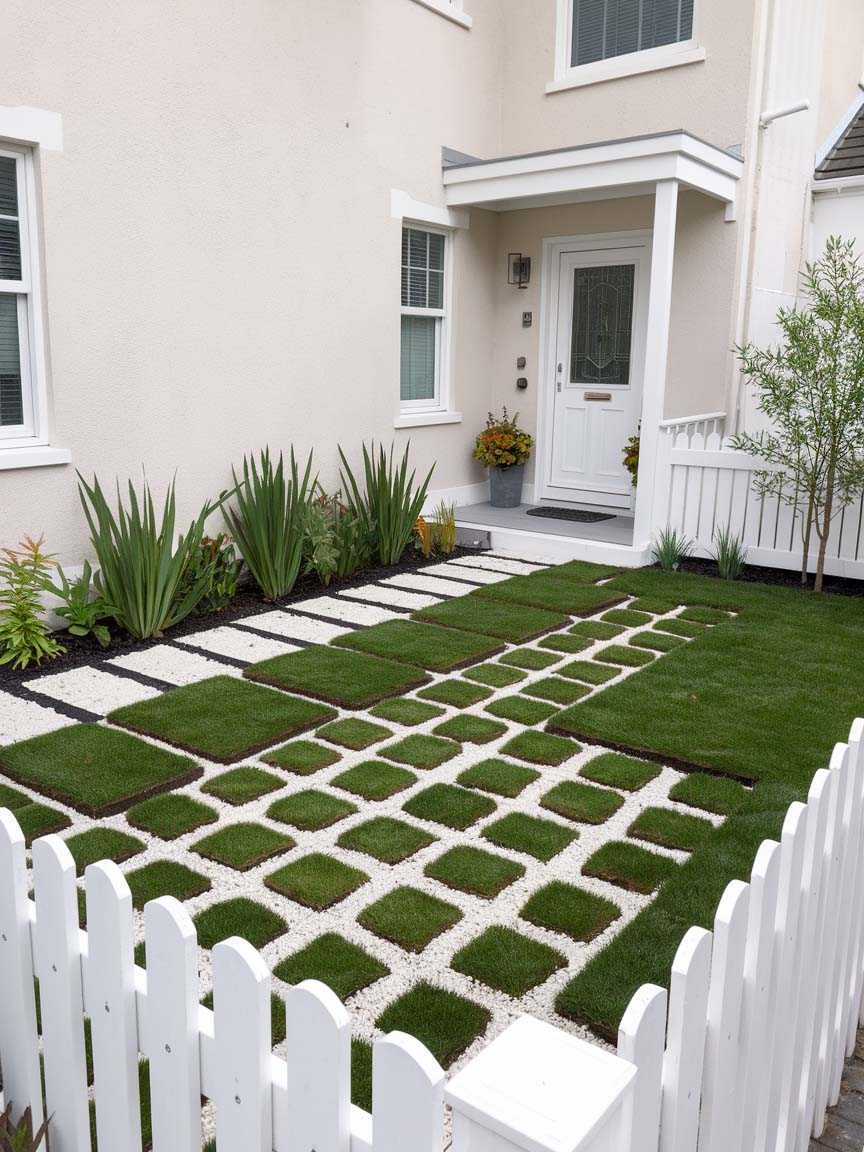 easy-front-garden-ideas-on-a-budget-6 6. Checkerboard Lawn for a Sleek Look