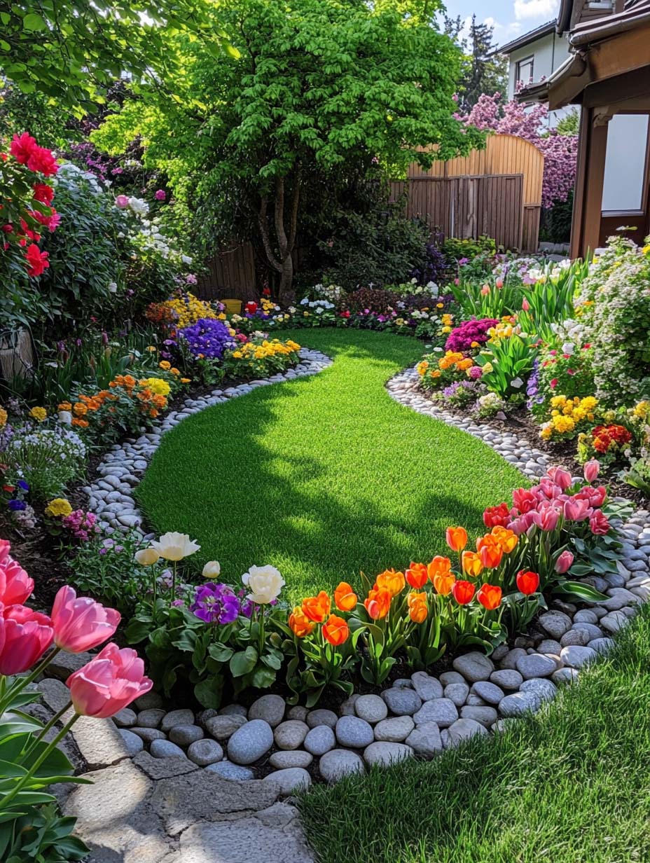 easy-front-garden-ideas-on-a-budget-8 8. Colorful Floral Border Along a Curved Lawn