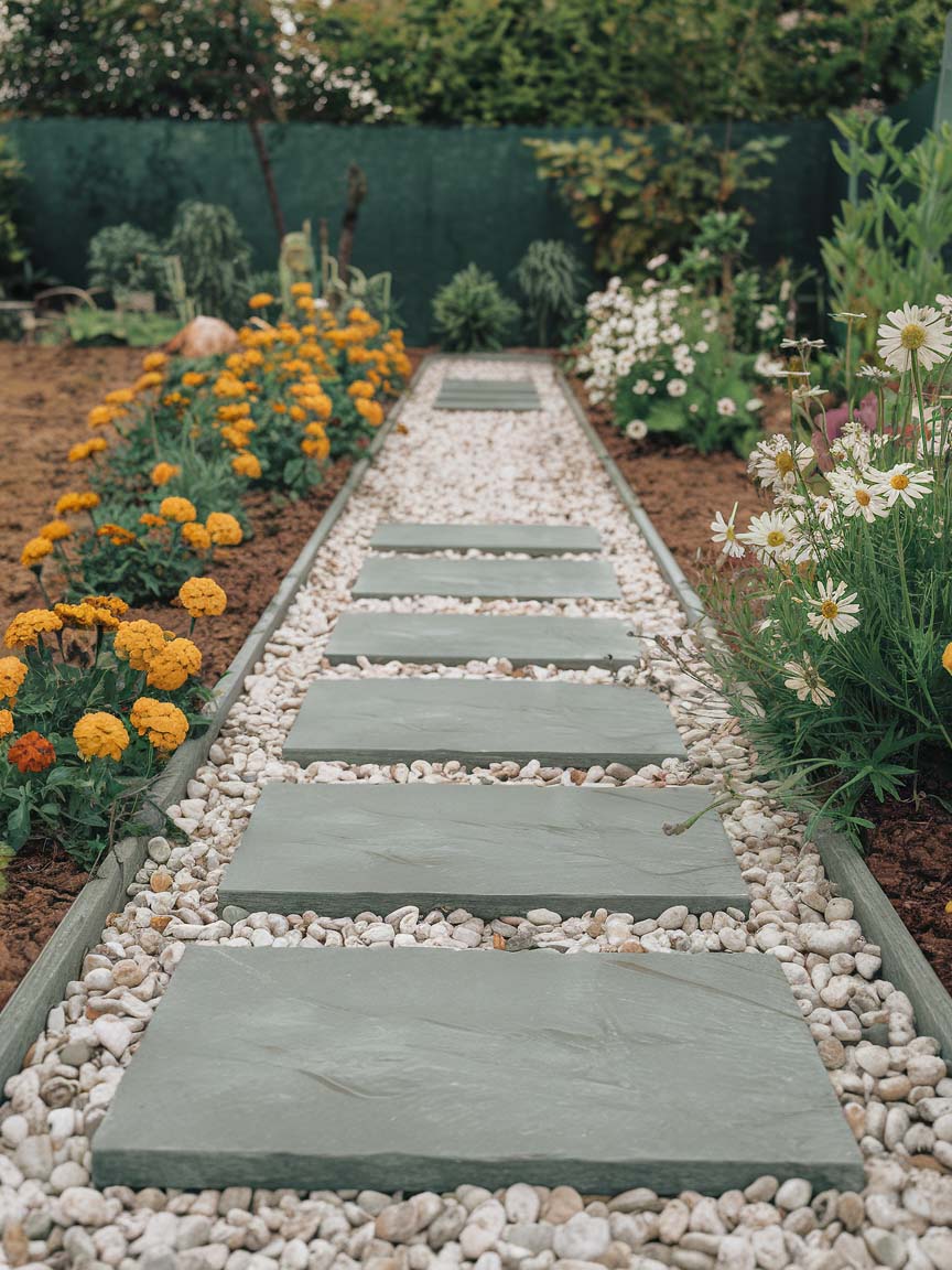 easy-front-garden-ideas-on-a-budget-9 9. Stone Pathway Lined with Bright Blooms