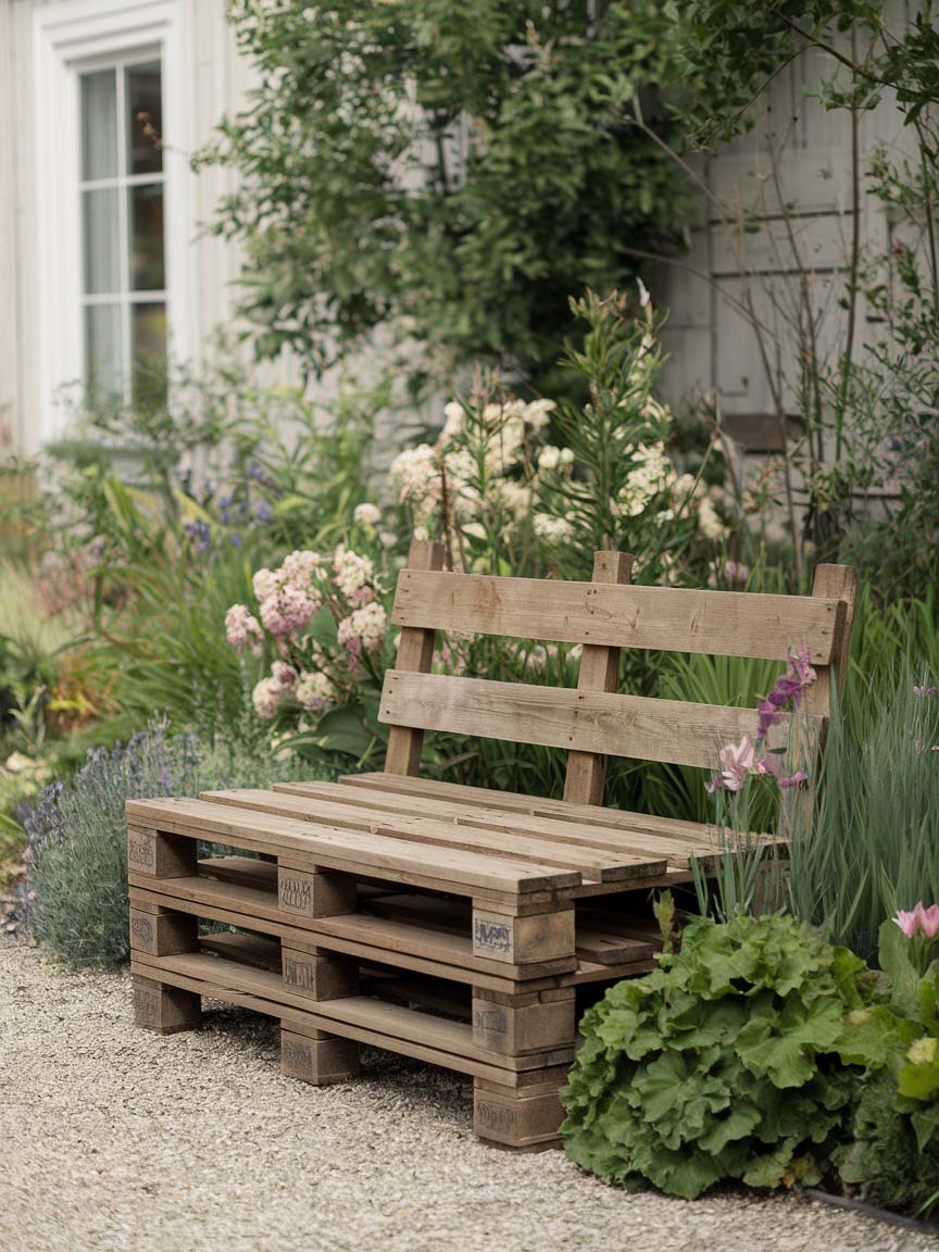 garden-budget-ideas-11 11. Rustic Pallet Bench Surrounded by Lush Greenery