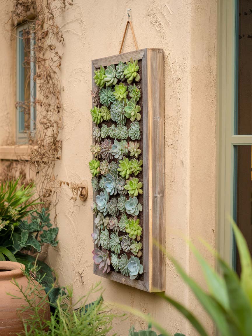 garden-budget-ideas-16 16. Vertical Succulent Wall for Compact Gardening
