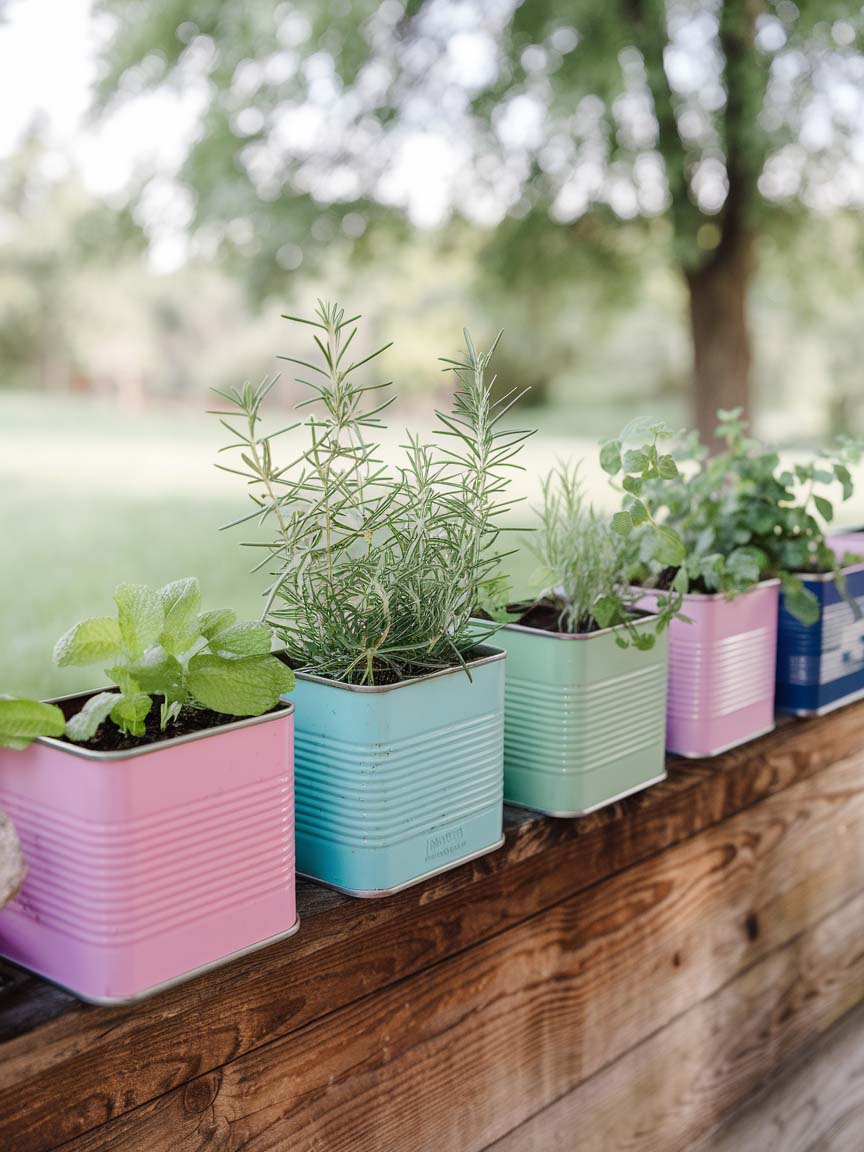 garden-budget-ideas-17 17. Pastel Tin Herb Planters