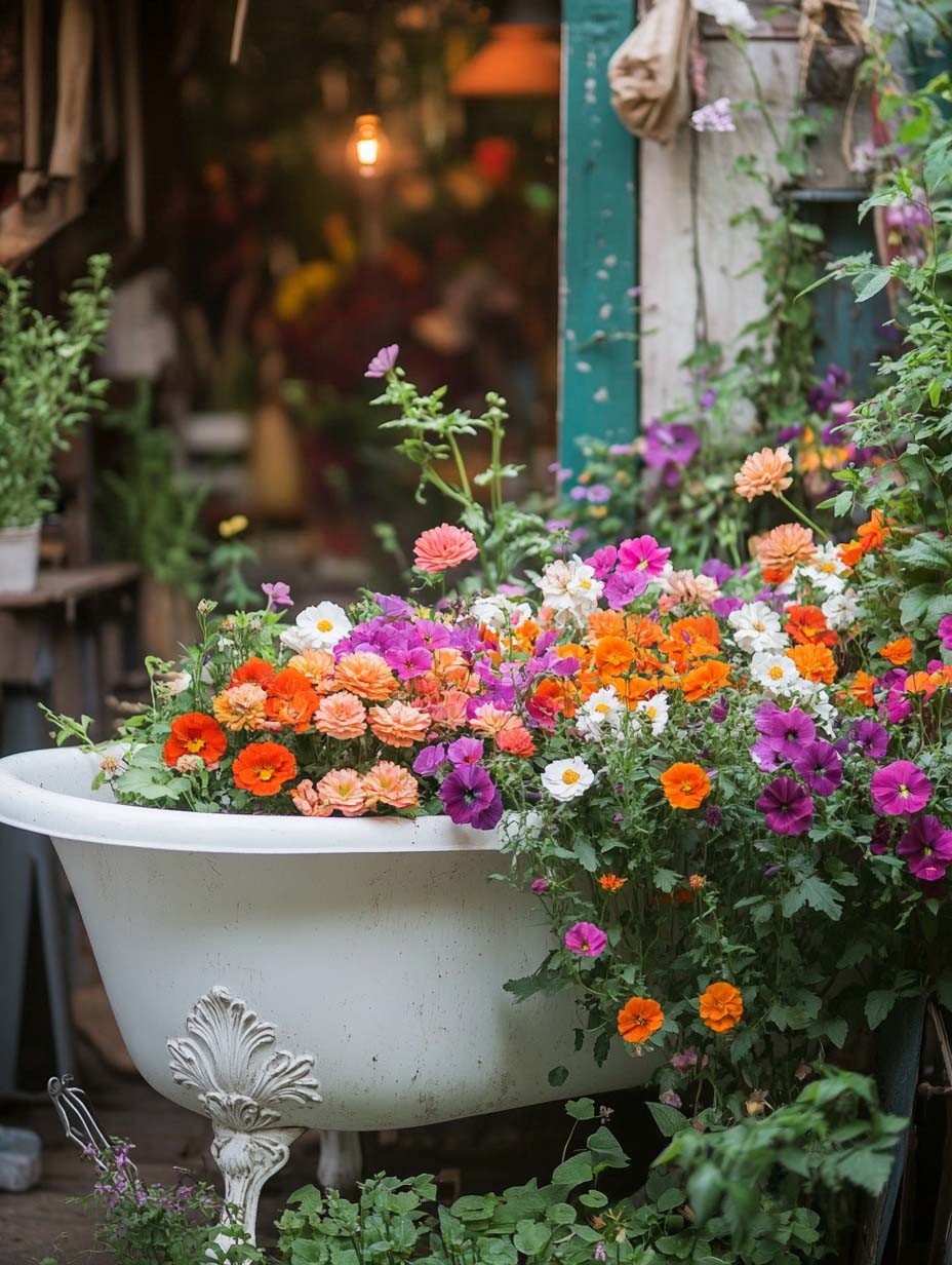 garden-budget-ideas-19 19. Antique Bathtub Overflowing with Blooms