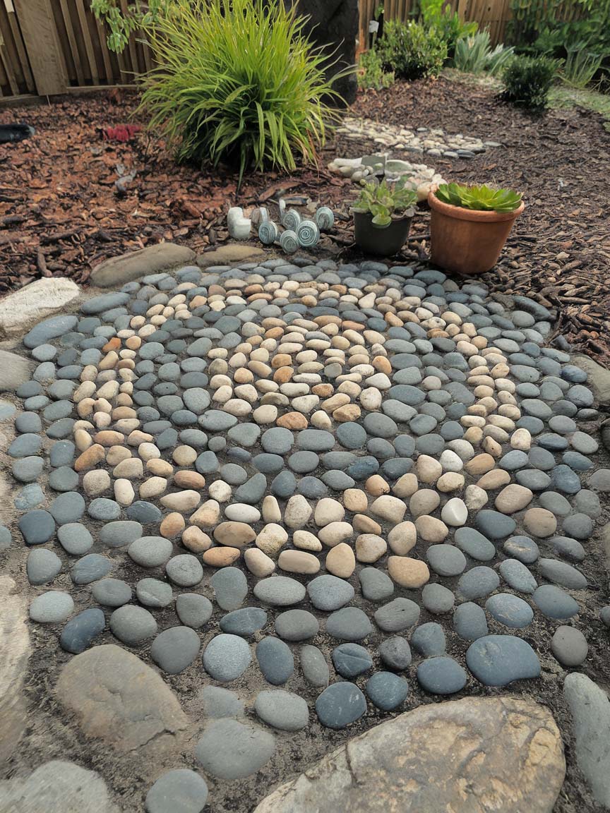 garden-budget-ideas-20 20. Pebble Mosaic Patio for a Unique Texture