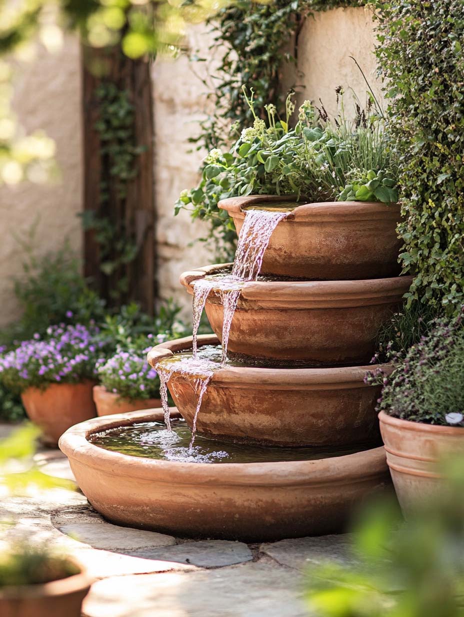 garden-budget-ideas-23 23. Cascading Fountain with Terra-Cotta Bowls
