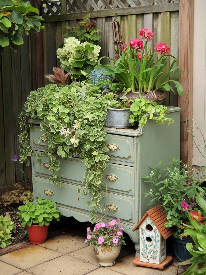 garden-budget-ideas-3 3. Vintage Dresser Turned Plant Stand