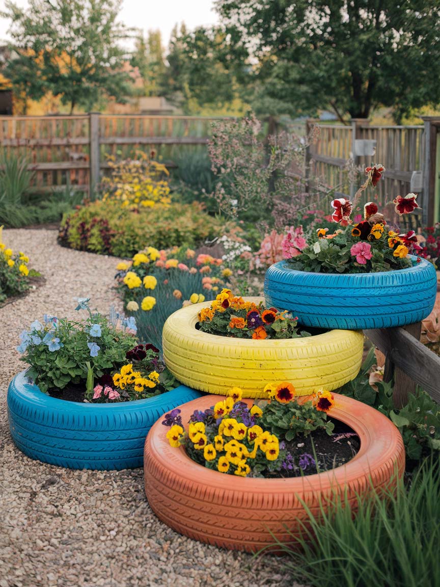 garden-budget-ideas-5 5. Colorful Tire Planters for a Playful Vibe
