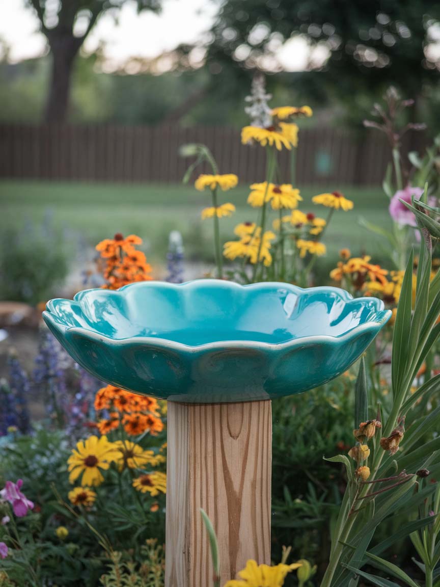 garden-budget-ideas-6 6. Elegant Birdbath Surrounded by Wildflowers