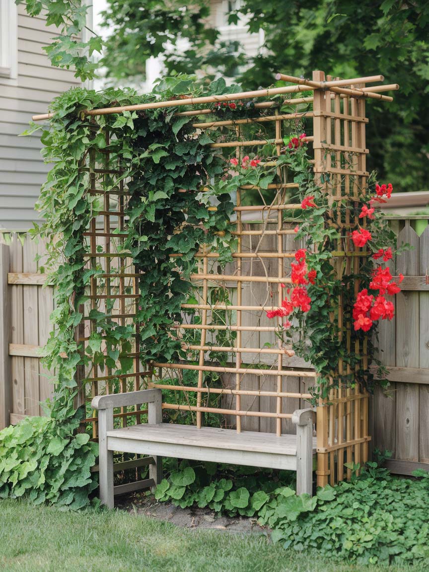 garden-budget-ideas-9 9. Bamboo Trellis with Vines and Flowers