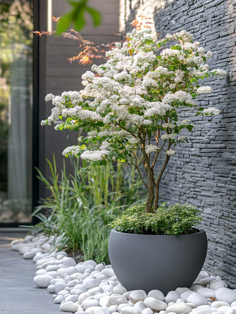 stunning-garden-designs-11 11. Minimalist Potted Tree with Stone Base
