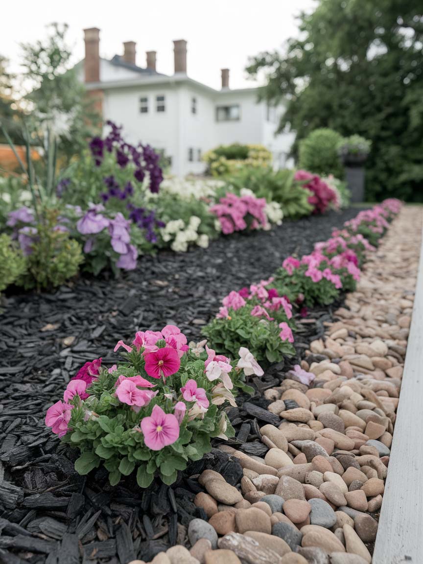 stunning-garden-designs-14 14. Contrasting Mulch and Pebble Flower Border