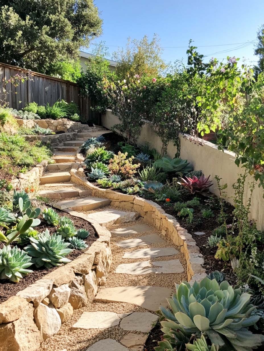stunning-garden-designs-19 19. Tiered Pathway with Succulent Highlights