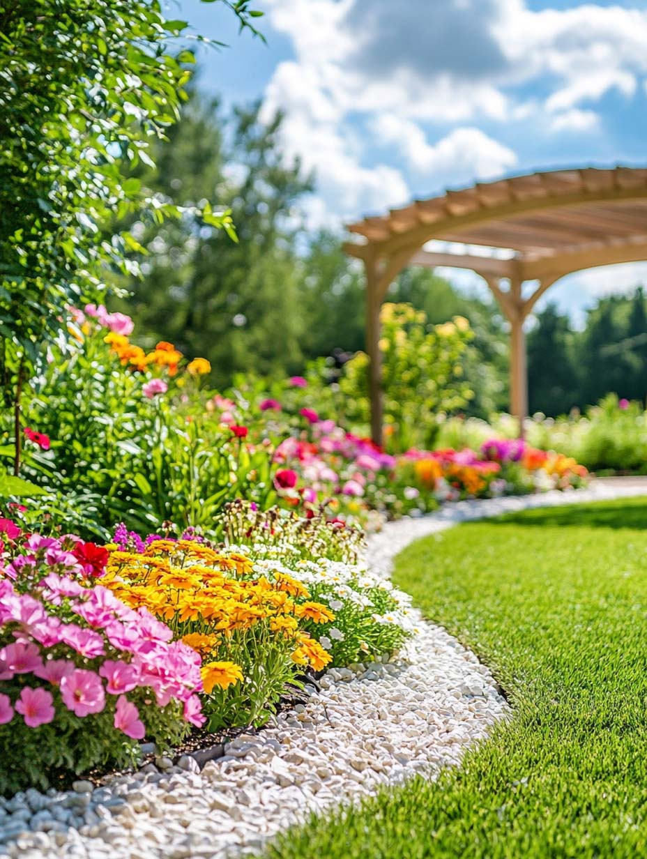 stunning-garden-designs-20 20. Bright Flower Border Along a Sunny Pergola