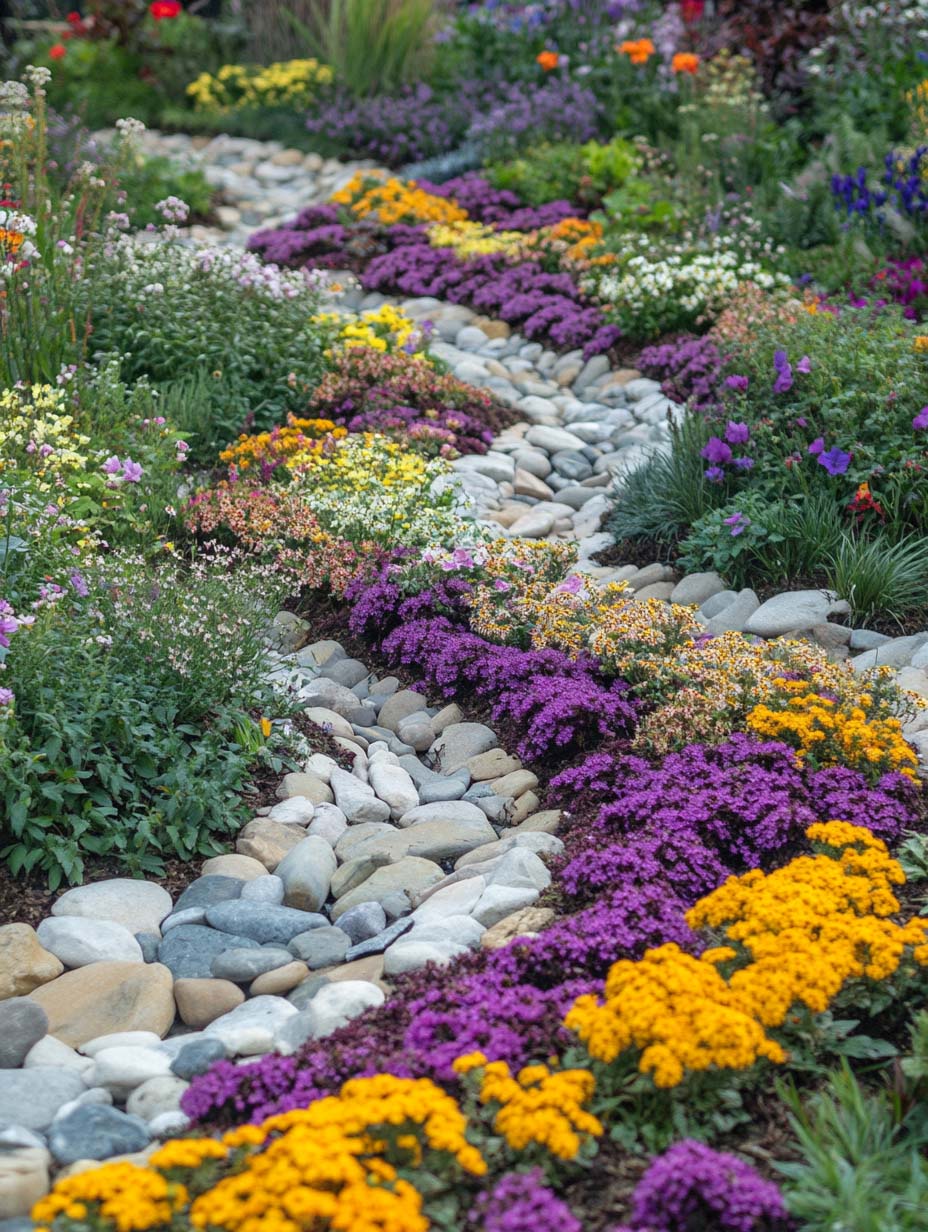 stunning-garden-designs-23 23. Rainbow Flower River with Smooth Stones