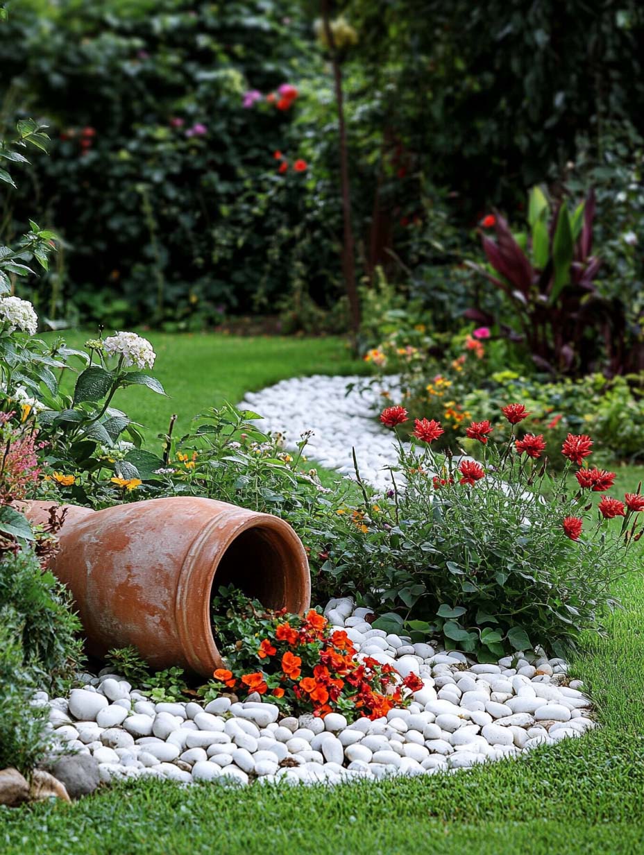 stunning-garden-designs-27 27. Rustic Charm with Potted Flowers and Pebbles