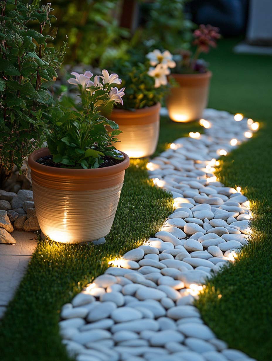 stunning-garden-designs-6 6. Illuminated Rock Pathway with Potted Plants